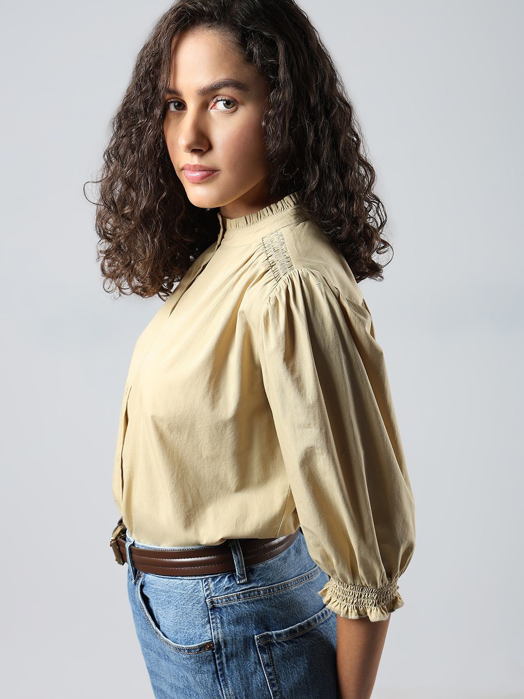 

Vero Moda Mandarin Collar Bishop Sleeves Cotton Top, Beige