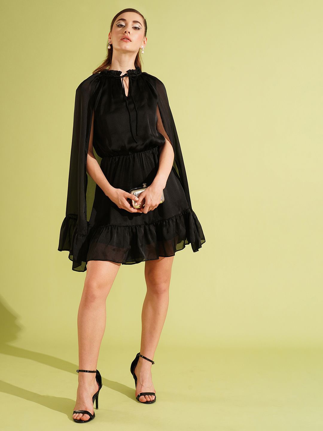 

Globus Tie-Up Neck Cape Sleeve Blouson Mini Dress, Black
