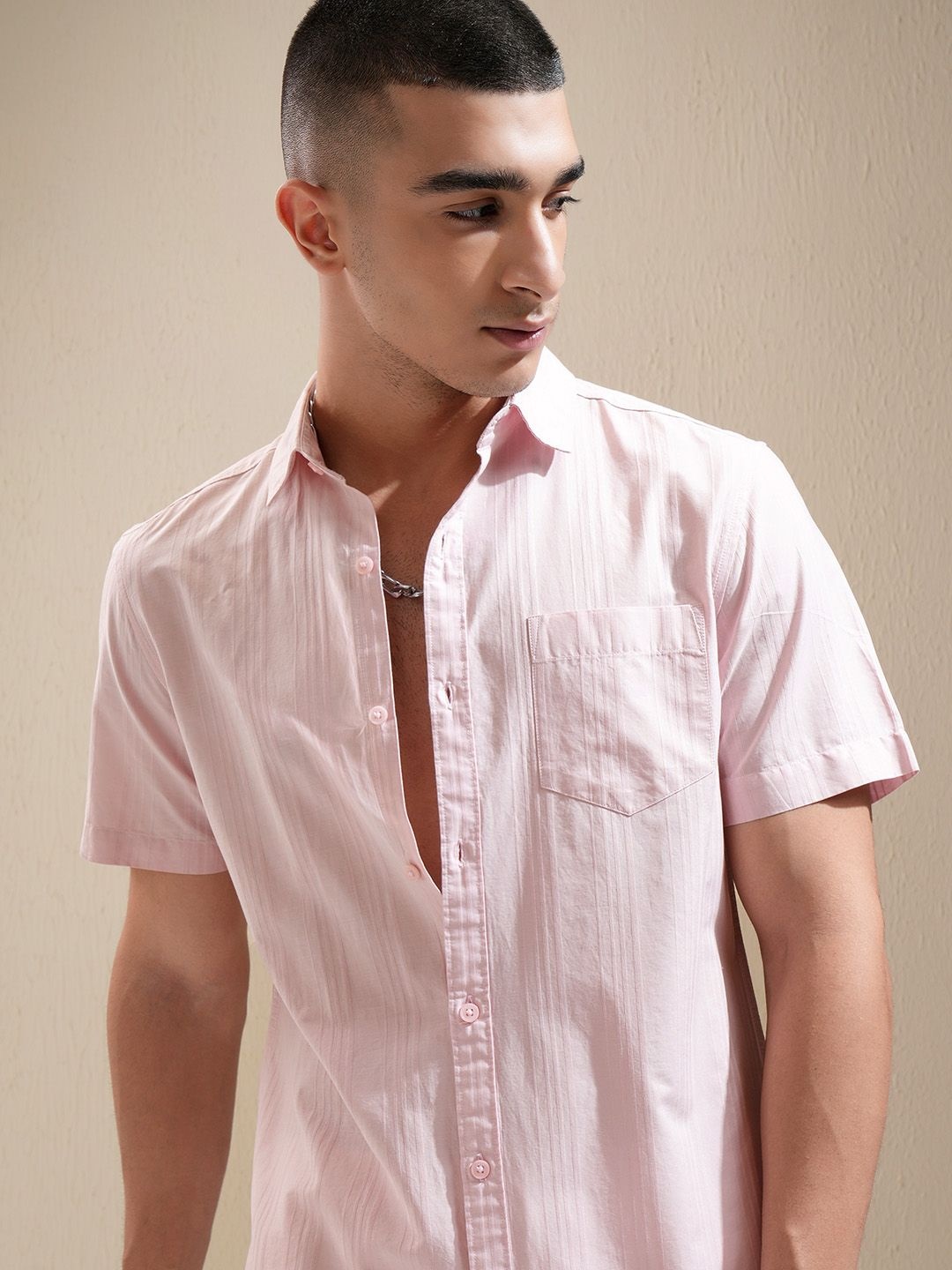 

Highlander Men Dobby Textured Solid Casual Shirt, Pink