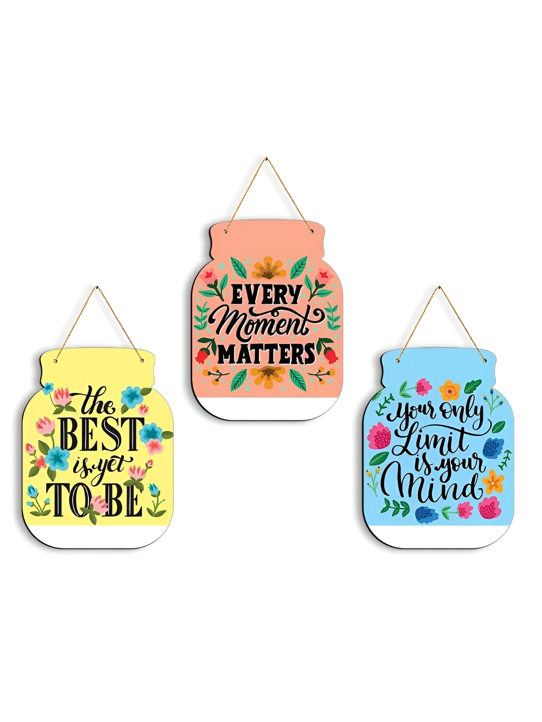 

CLAWCRAFTS Yellow and Blue 3 Pieces Floral Printed Wooden Wall Hangings