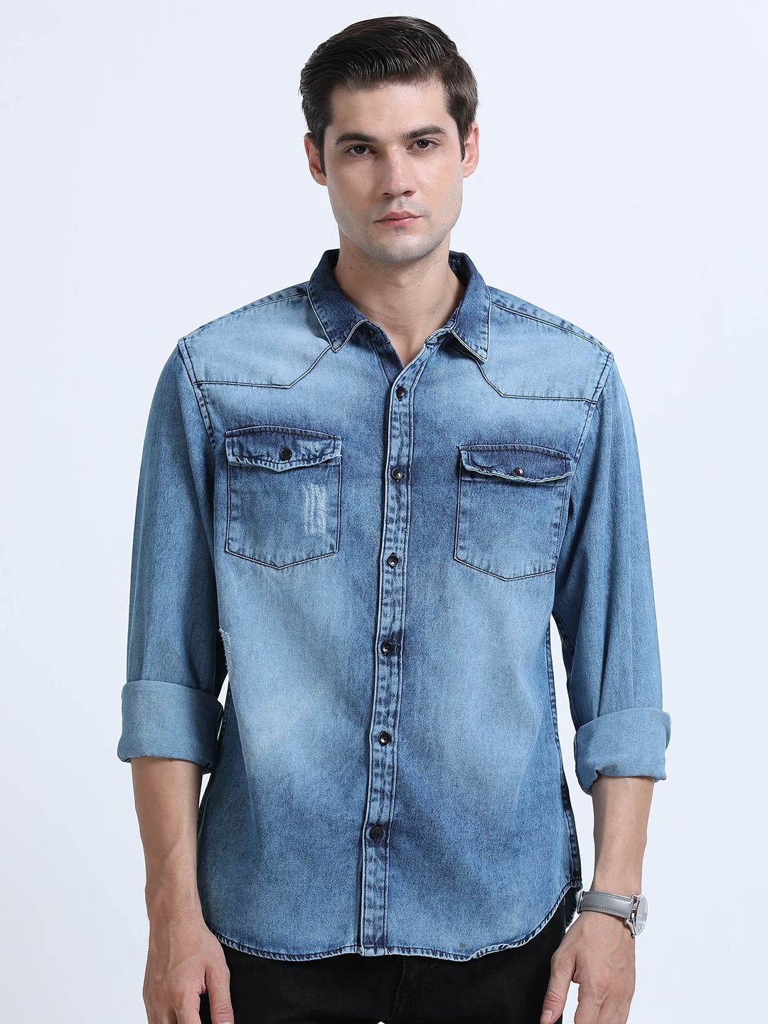 

Mast & Harbour Men Comfort Faded Opaque Casual Shirt, Blue