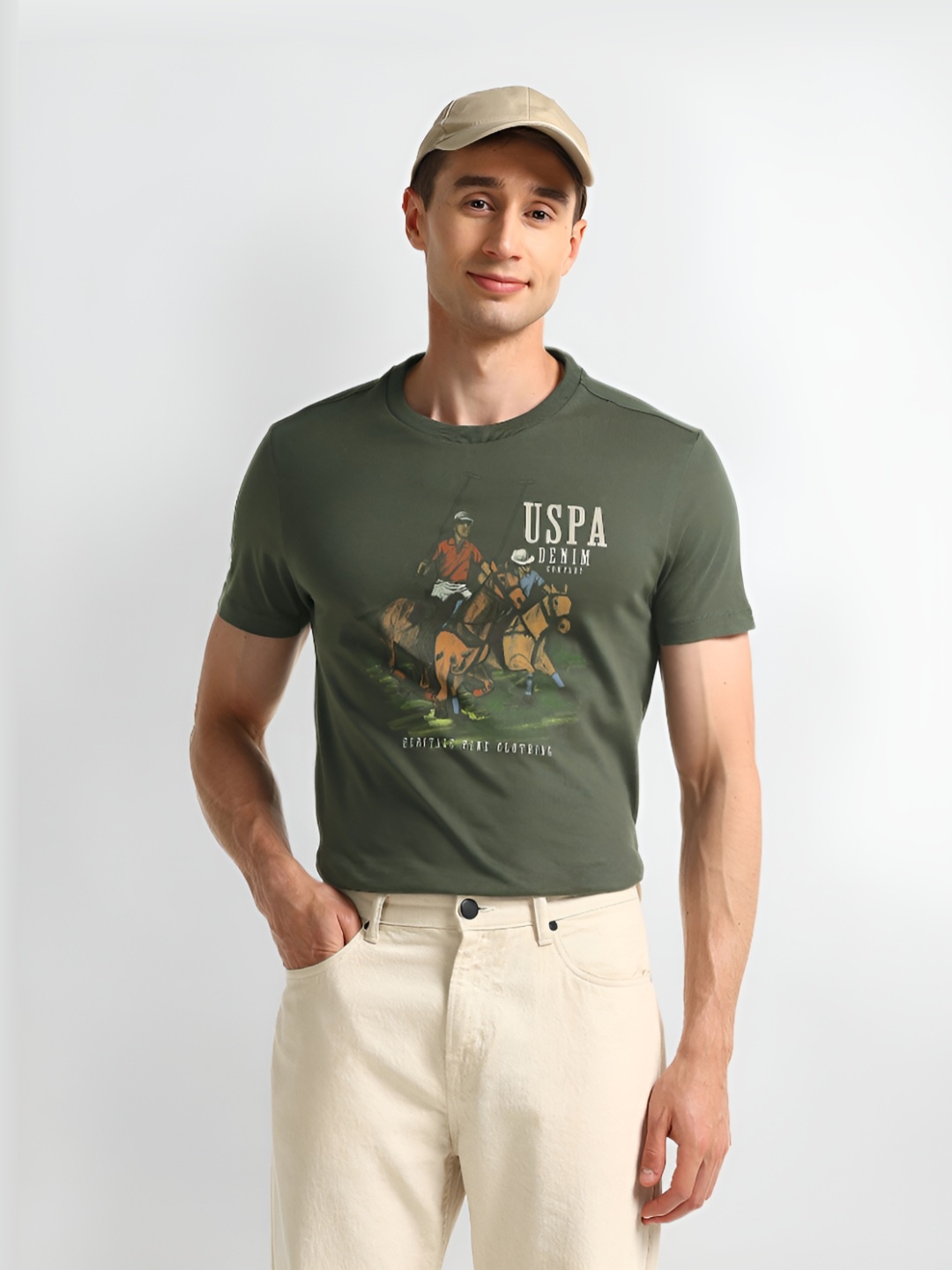 

U.S. Polo Assn. Men Graphic Printed Round Neck Cotton Slim Fit T-Shirt, Olive