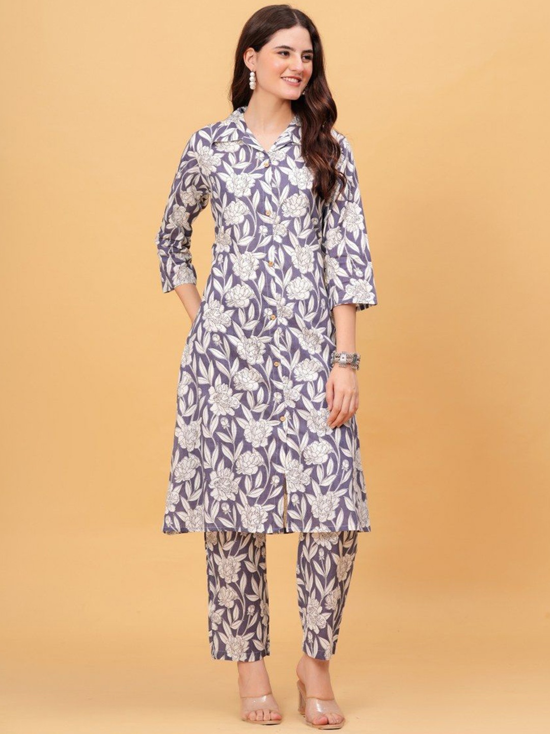 

Black Teetar Floral Printed Cotton Tunic With Trousers, Purple