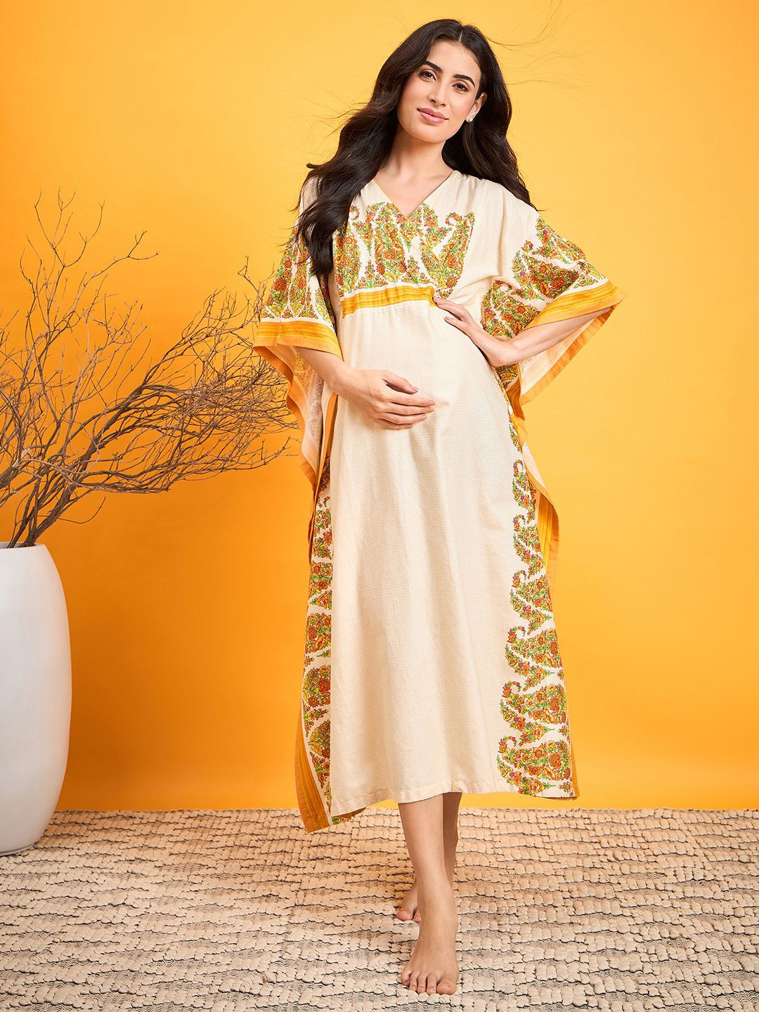 

The Kaftan Company V-Neck Ethnic Motifs Printed Nightdress, Beige