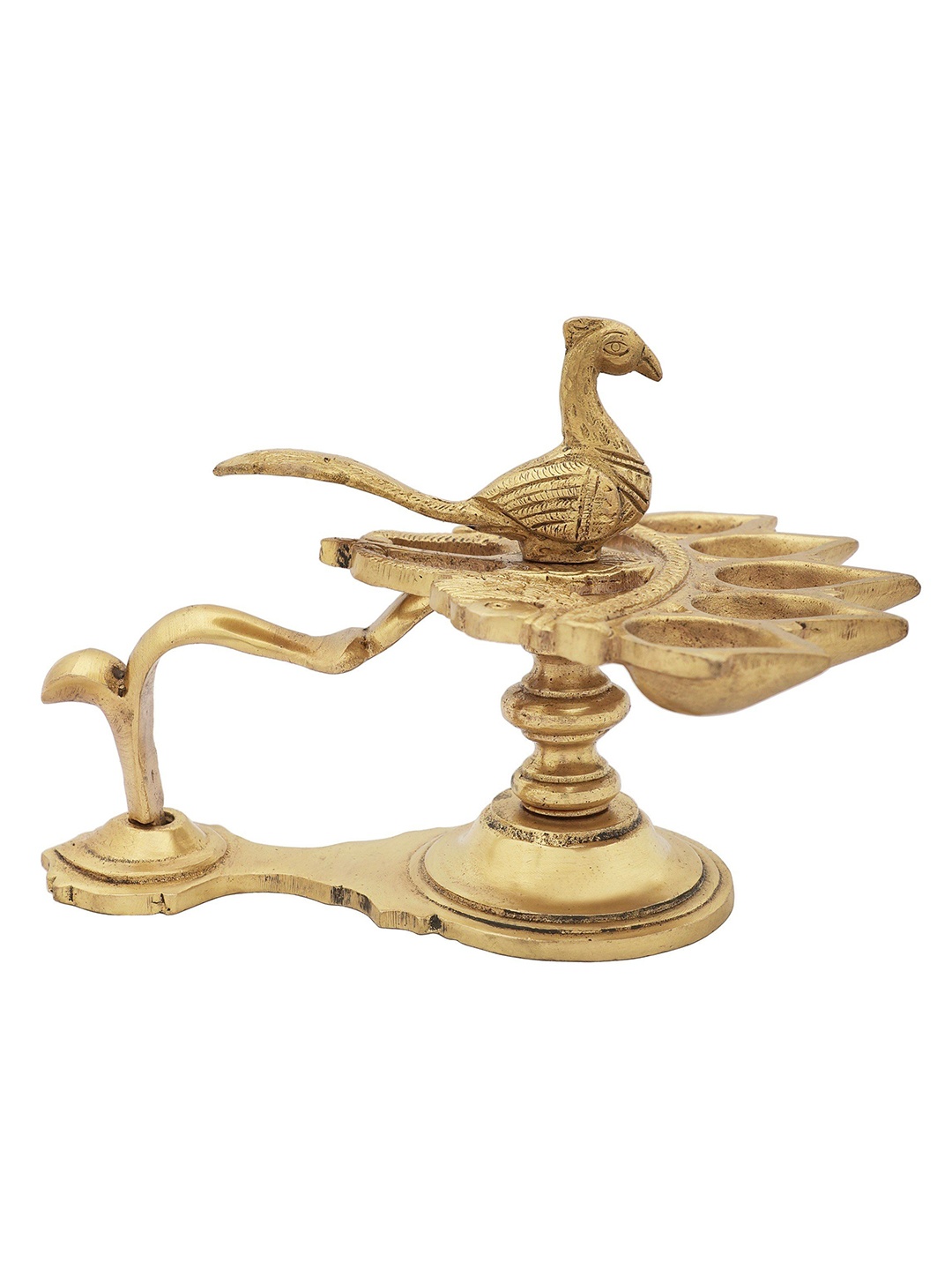 

Exotic India 5" Brass Five Wicks Peacock Lamp, Gold