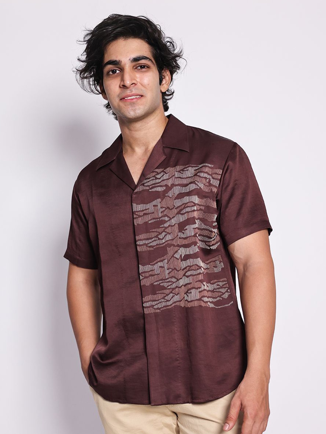 

Arya Giri Men Cuban Collar Abstract Printed Casual Shirt, Brown