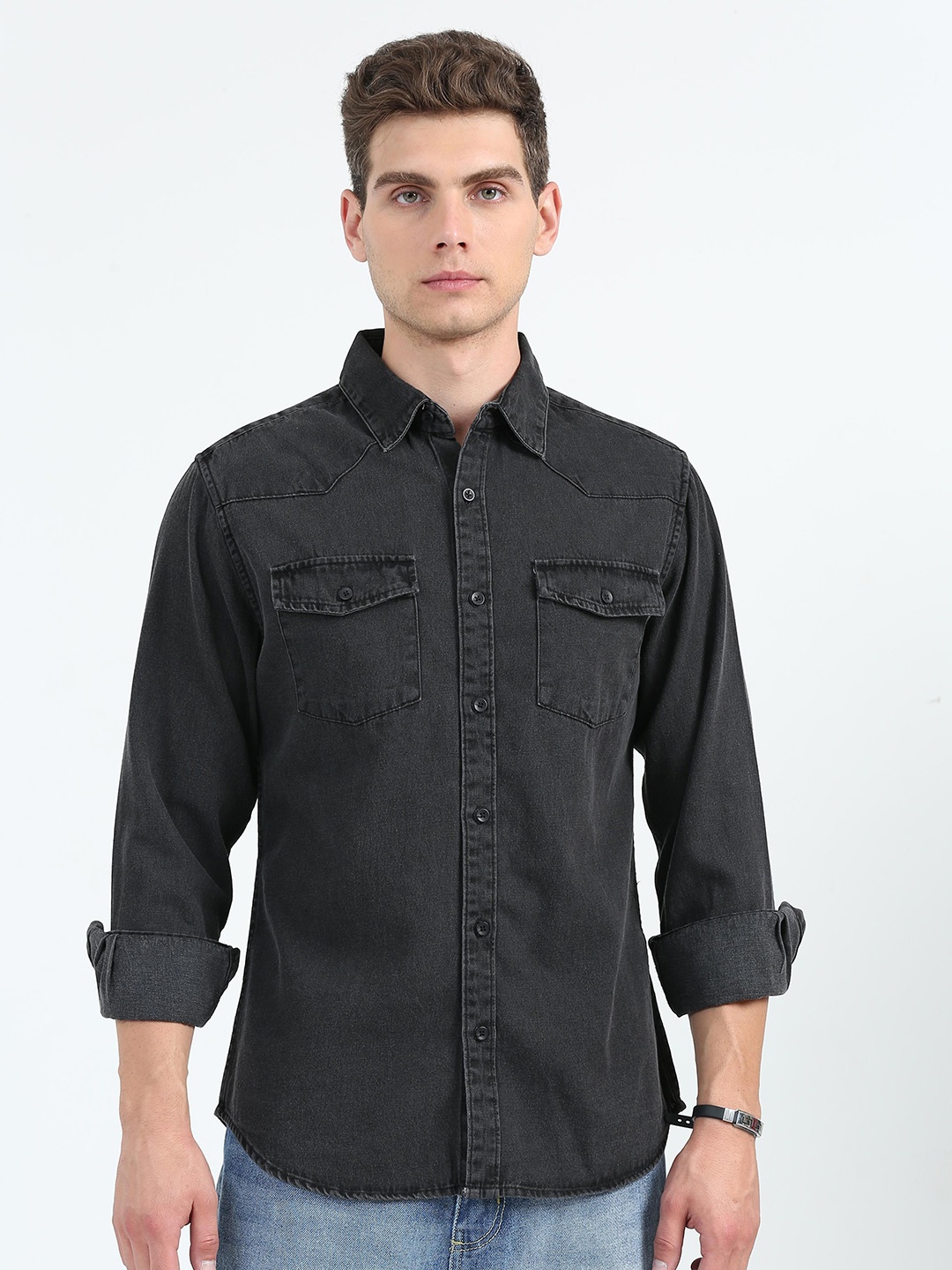 

Mast & Harbour Men Comfort Opaque Denim Casual Shirt, Black