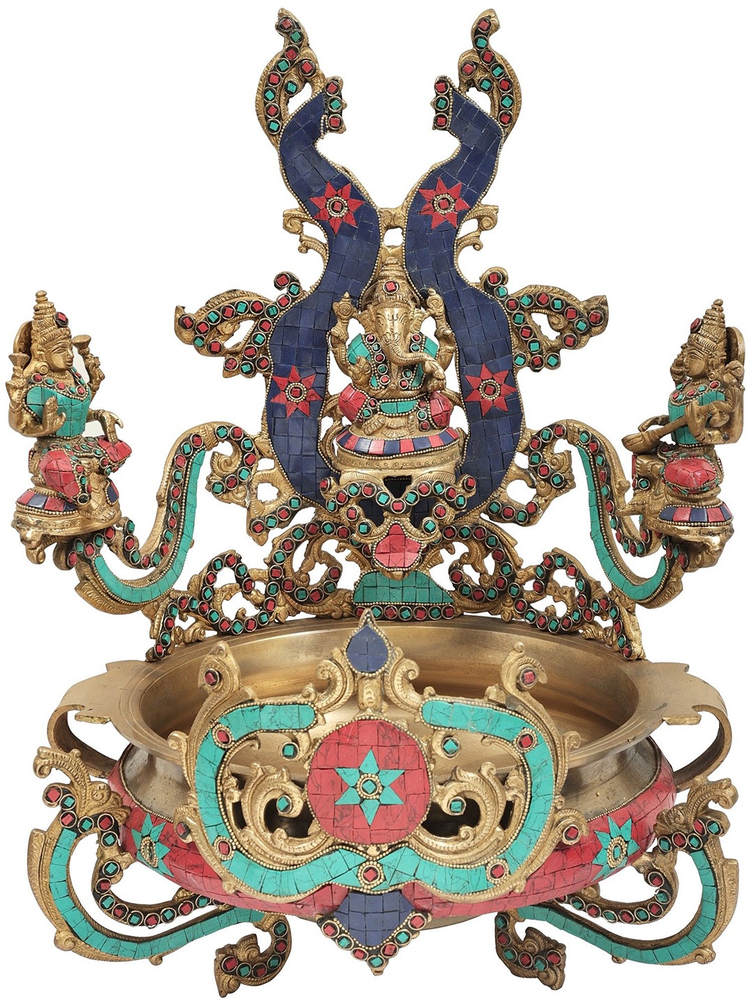 

Exotic India Gold Toned Brass Urli With Ganesha With Side Mounted Lakshmi & Saraswati