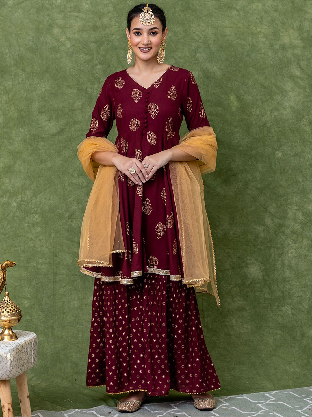 

HERE&NOW Ethnic Motifs Printed V-Neck A-Line Kurta With Sharara & Dupatta, Maroon