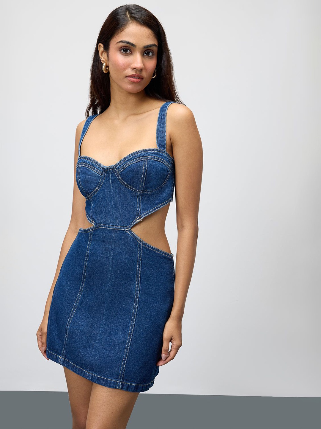 

FREAKINS Cut Out Denim Sheath Mini Dress, Blue