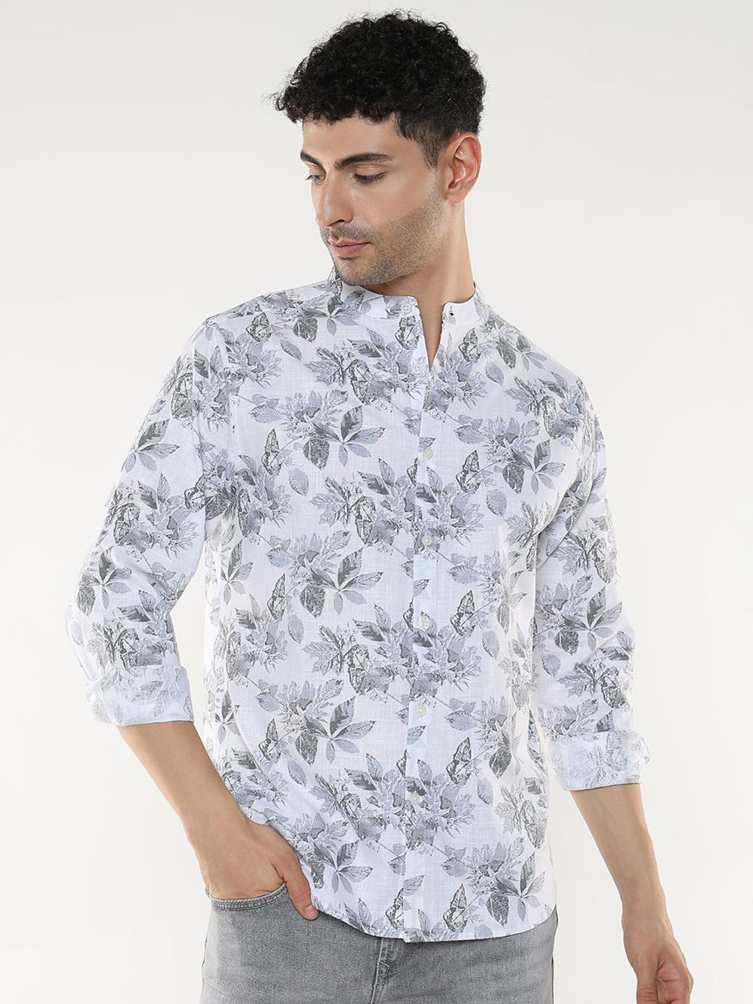 

R&B Men Band Collar Floral Printed Cotton Casual Shirt, White