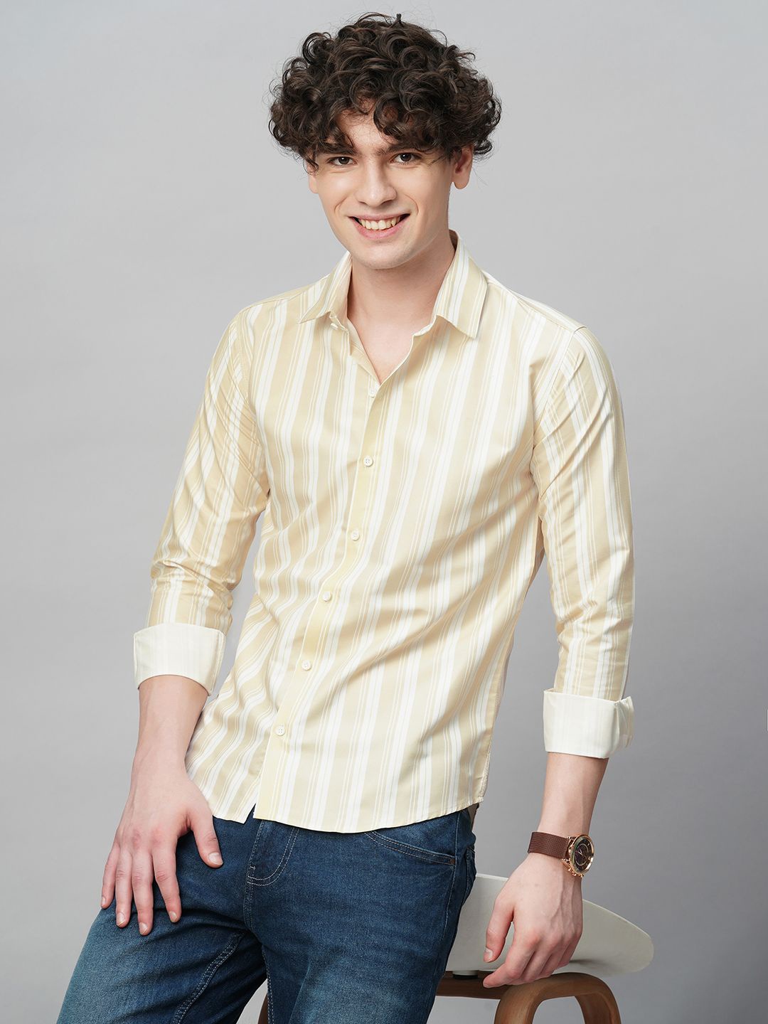 

TRYBUY.IN Men Comfort Spread Collar Striped Cotton Party Shirt, Yellow