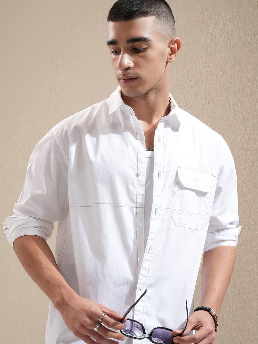 

Highlander Men Contrast Stitched Relaxed Shirt, White