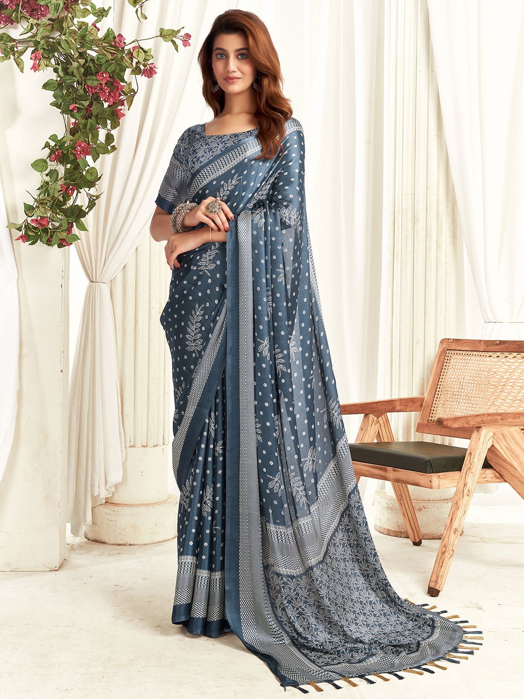 

KALINI Floral Satin Dabu Saree, Grey