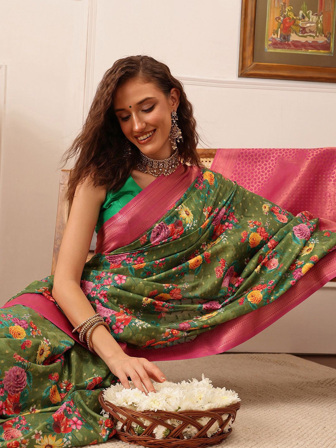 

Silk Land Floral Pure Crepe Zari Woven Digital Print Saree, Green