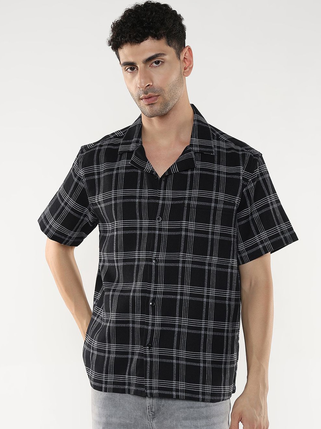 

R&B Men Cuban Collar Tartan Checked Cotton Relaxed Fit Casual Shirt, Black