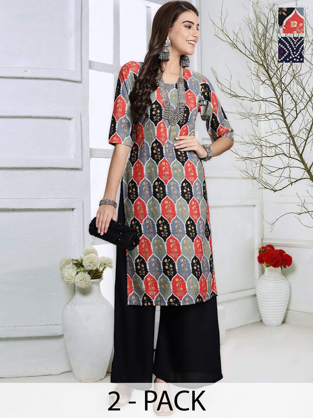 

7Threads Selection Of 2 Geometric Printed Round Neck Straight Kurtas, Black