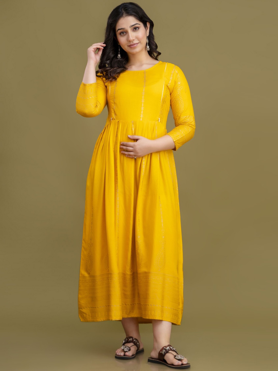 

Mialo fashion Printed Maternity Feeding Ethnic Dresses, Mustard