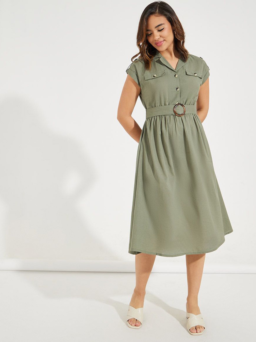 

Styli Belted A-Line Midi Dress, Olive
