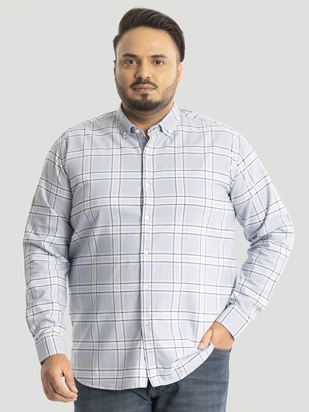 

Snitch Men Plus Size Classic Button-Down Collar Tartan Checked Cotton Casual Shirt, Blue