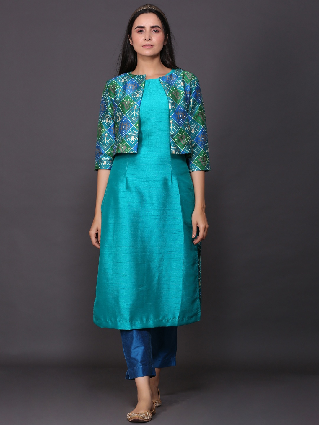 

KYETH Straight Kurta with Trousers & Jacket, Blue