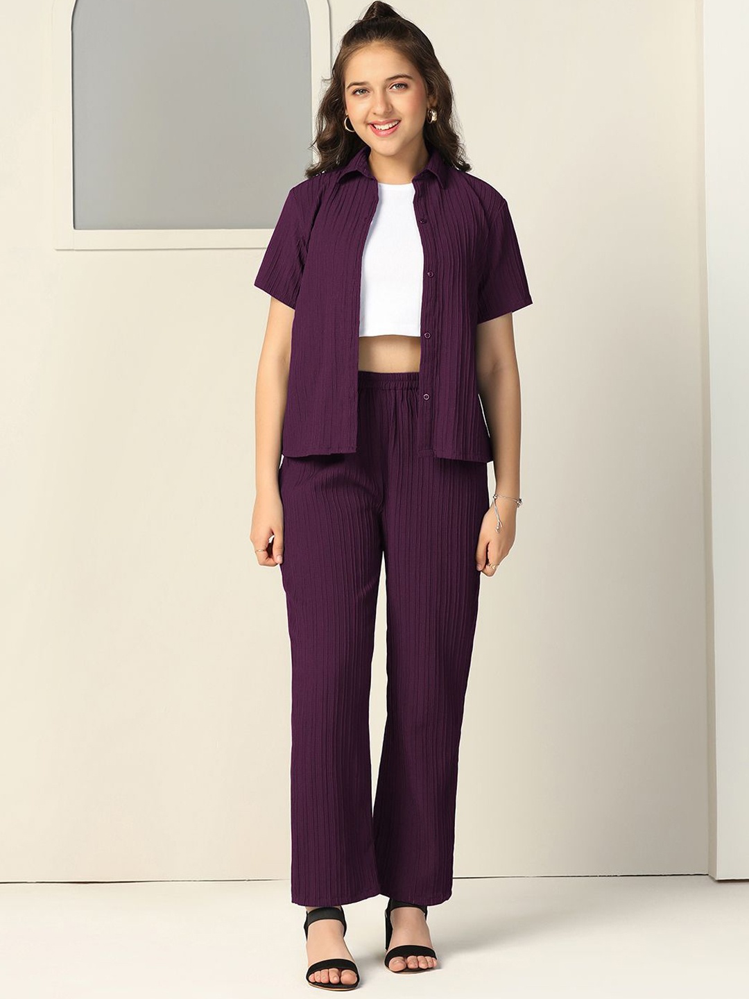 

OMPAX Girls Self Design Shirt with Trousers, Purple