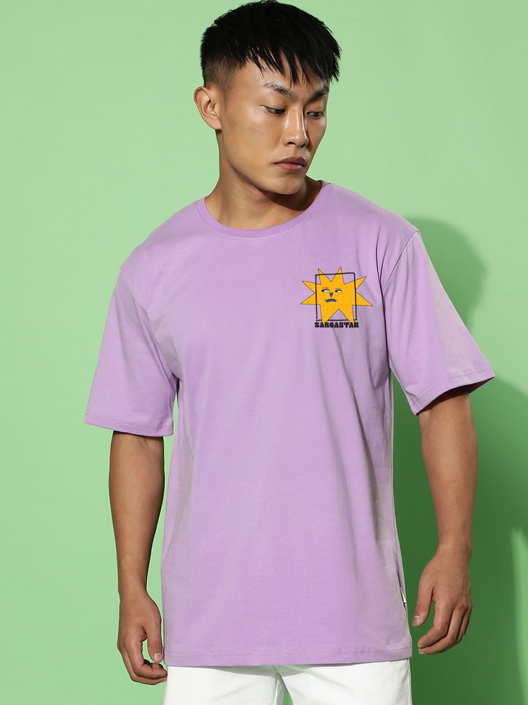 

VEIRDO Men Graphic Printed Round Neck Pure Cotton Oversized T-Shirt, Purple