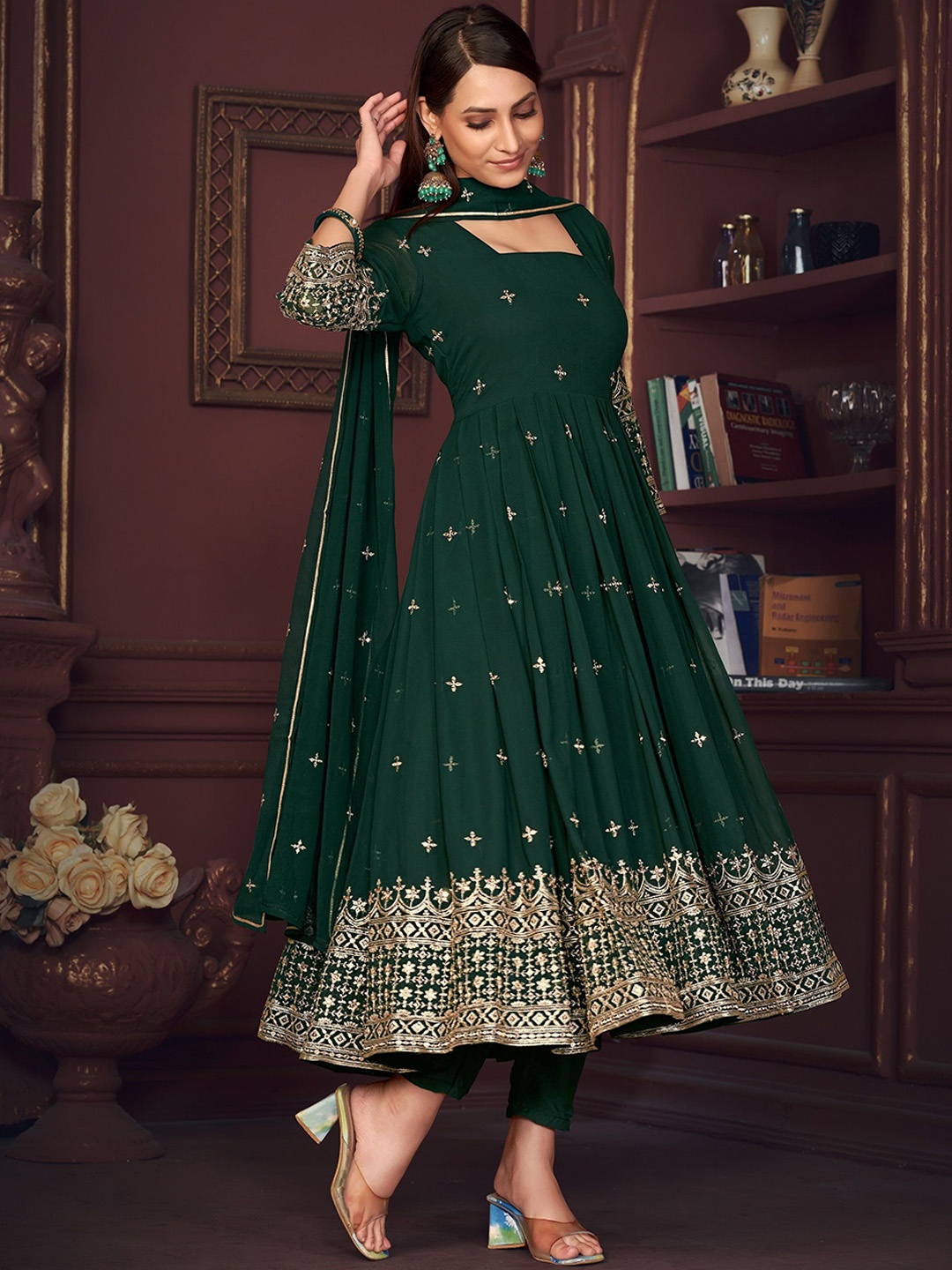 

Warthy Ent Floral Embroidered Semi-Stitched Dress Material, Green