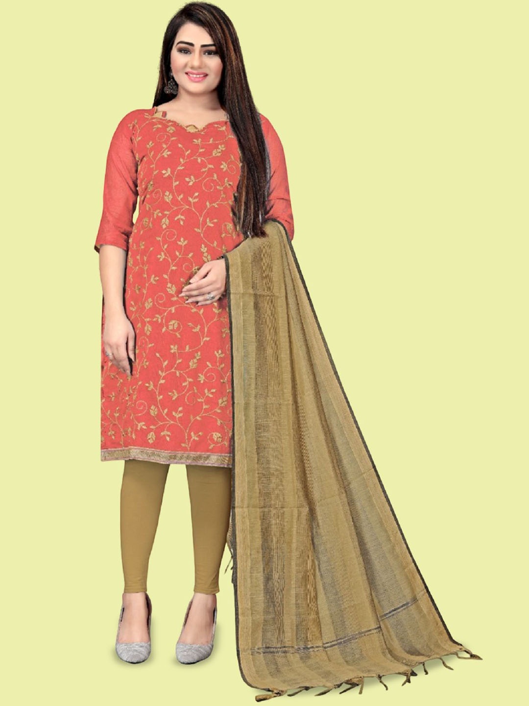 

APNISHA Floral Embroidered Thread Work Unstitched Dress Material, Orange