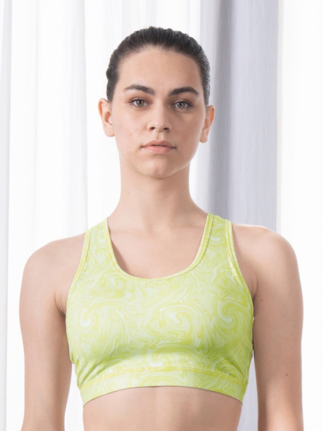 

Soie Women's Medium Impact Quick Dry Padded Racerback Printed Athleisure Sports Bra, Lime green
