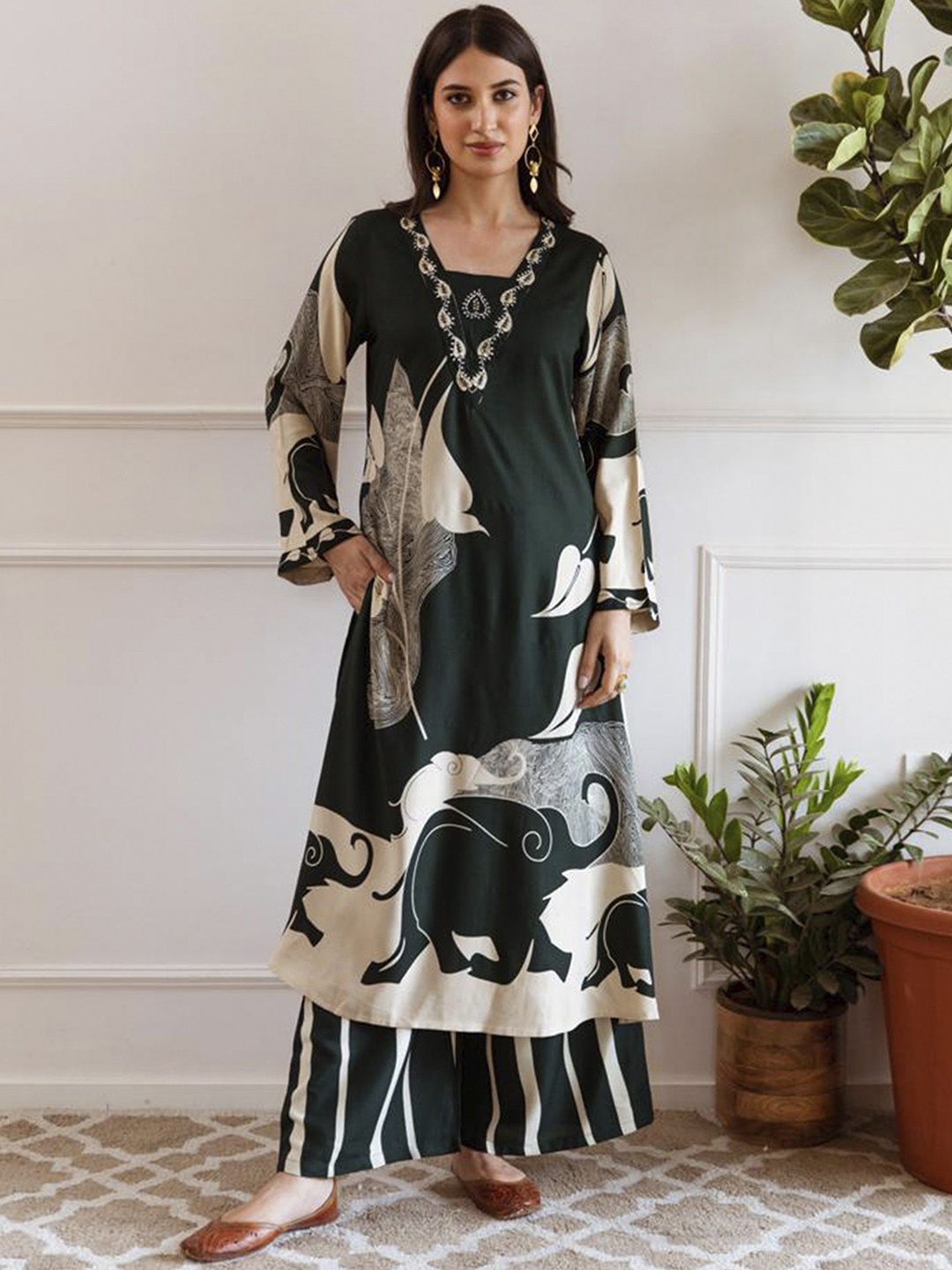 

Indo Era Printed Beads and Stones A-Line Kurta with Palazzos, Green