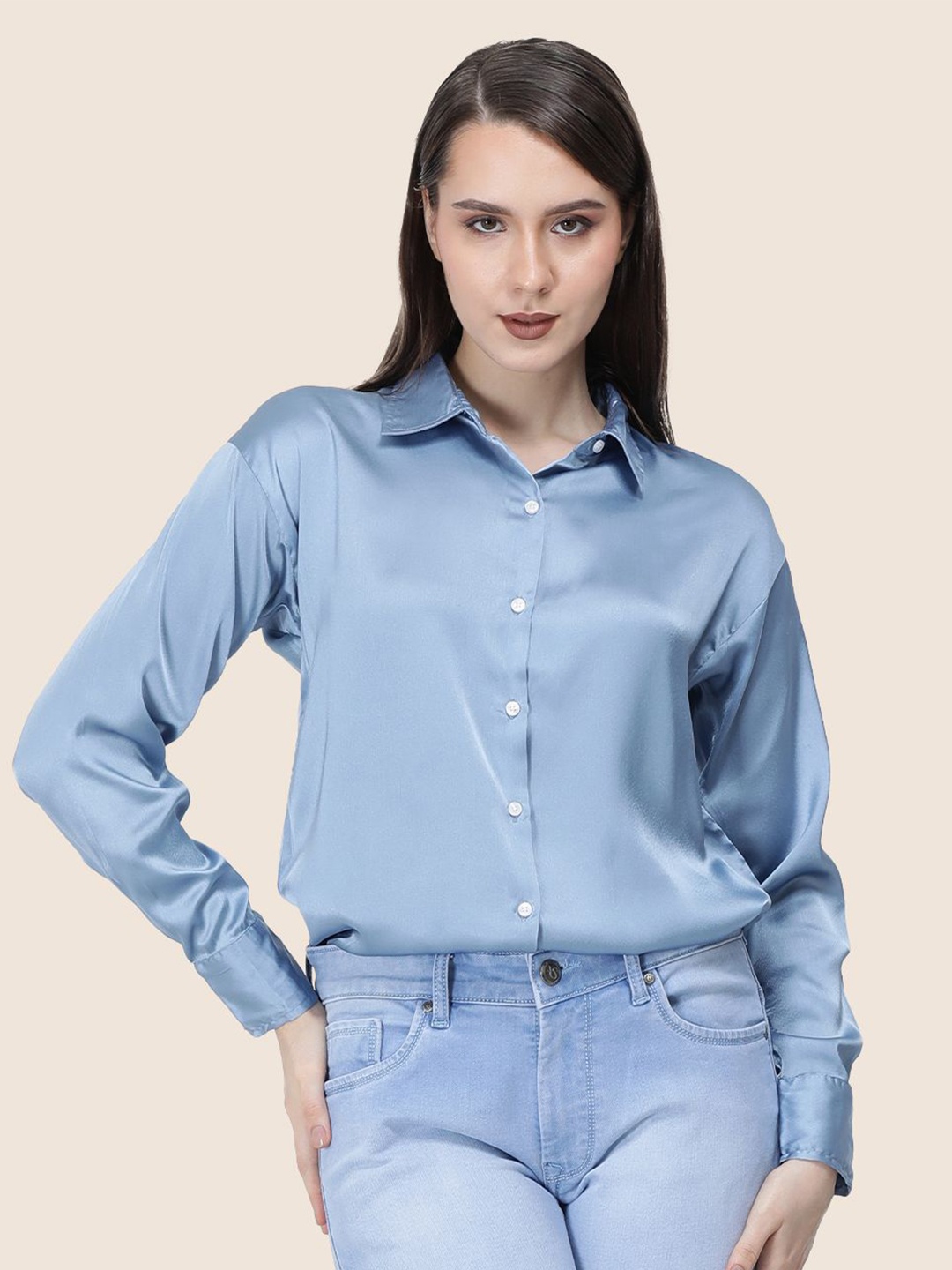 

AMSWAN Women Premium Spread Collar Solid Relaxed Fit Casual Shirt, Blue