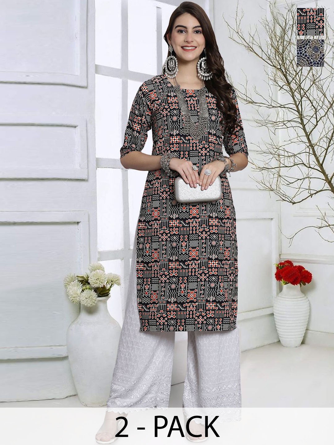 

KALINI Selection Of 2 Geometric Printed Round Neck Straight Kurtas, Black