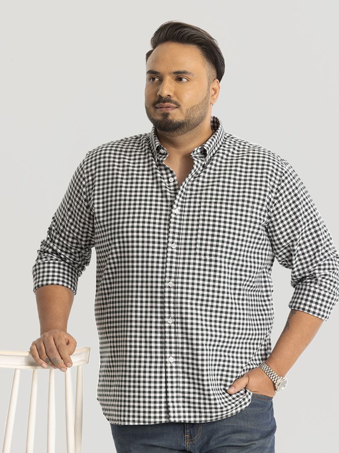 

Snitch Men Plus Size Classic Button-Down Collar Micro Checked Cotton Casual Shirt, White