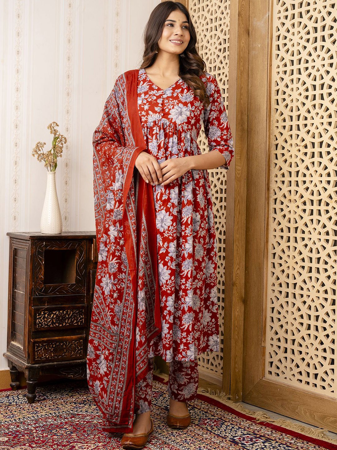 

Nayo Floral Printed Pure Cotton Anarkali Kurta With Trousers & Dupatta, Maroon