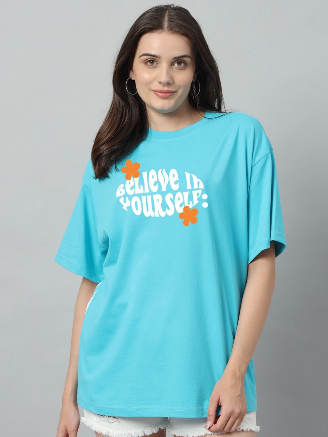 

SWAGNOX Women Typography Printed Round Neck Cotton Oversized T-Shirt, Turquoise blue