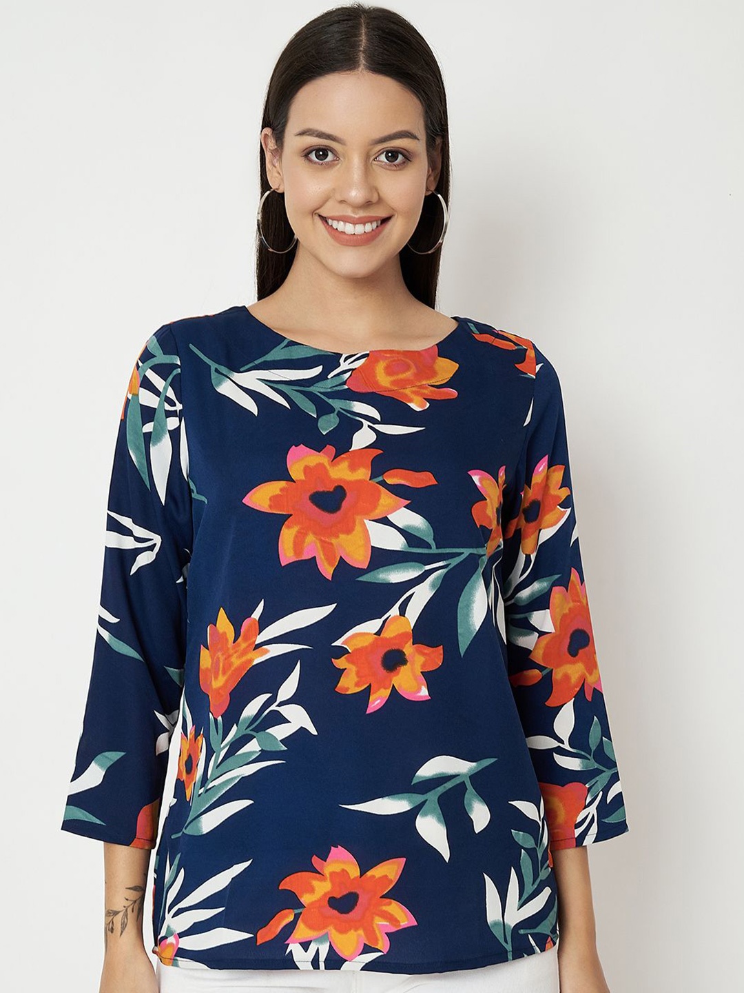 

BRINNS Women Floral Printed Round Neck Top, Navy blue