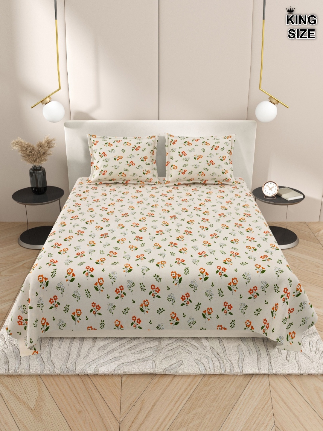 

DREAM WEAVERZ Brown & Orange Floral 220 TC Cotton King Bedsheet With 2 Pillow Covers