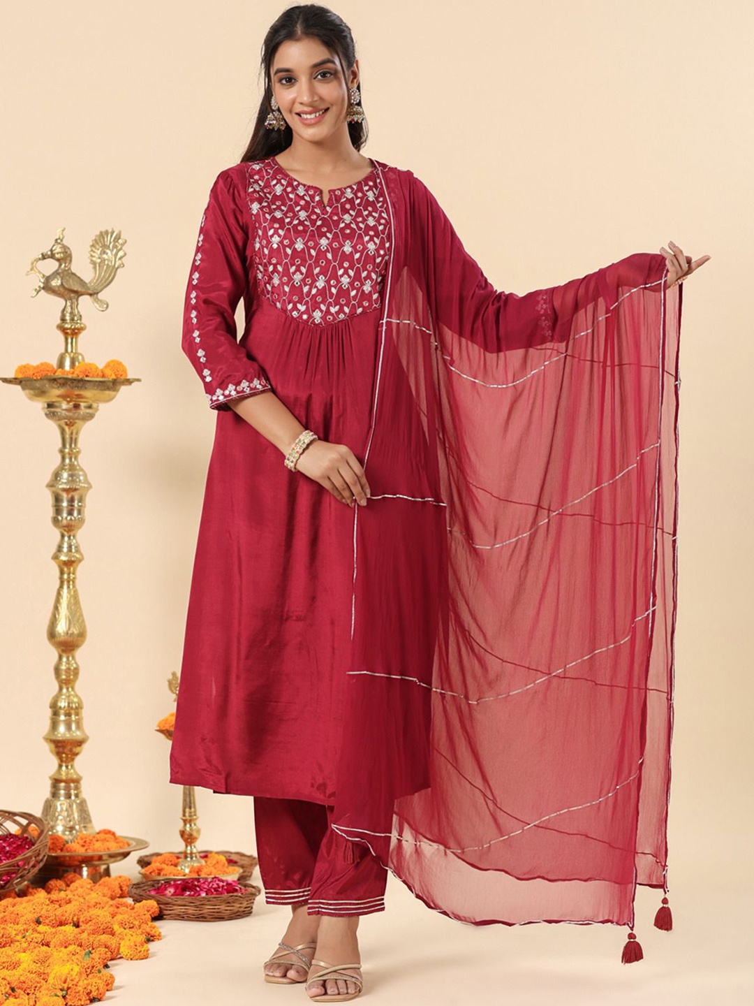 

SAVI Ethnic Motifs Yoke Design Thread Work Kurta with Trousers & Dupatta, Maroon