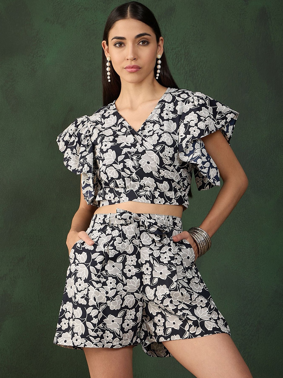 

Nimayaa Floral Printed Top With Shorts, Black