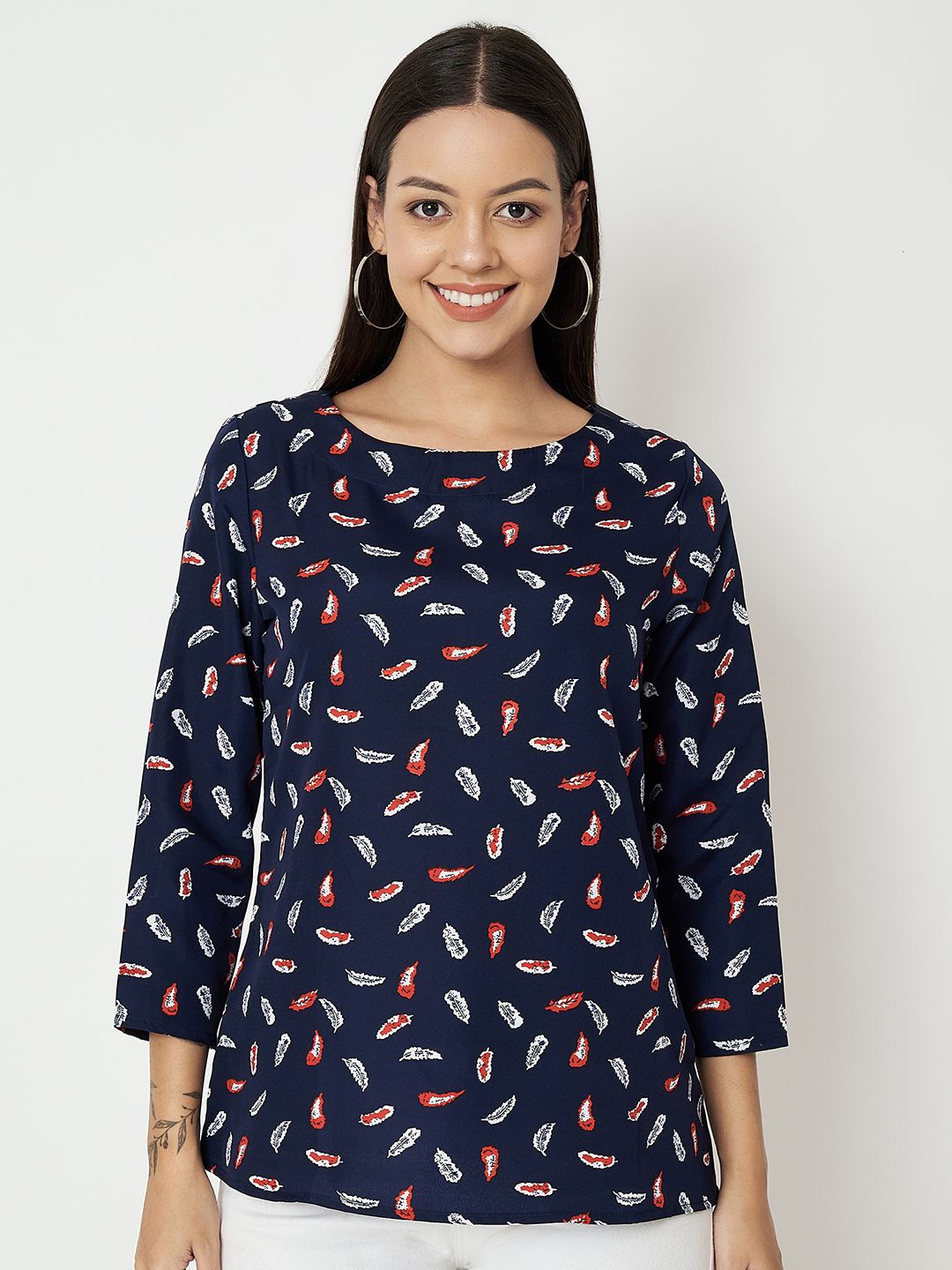 

BRINNS Women Tropical Printed Round Neck Top, Navy blue