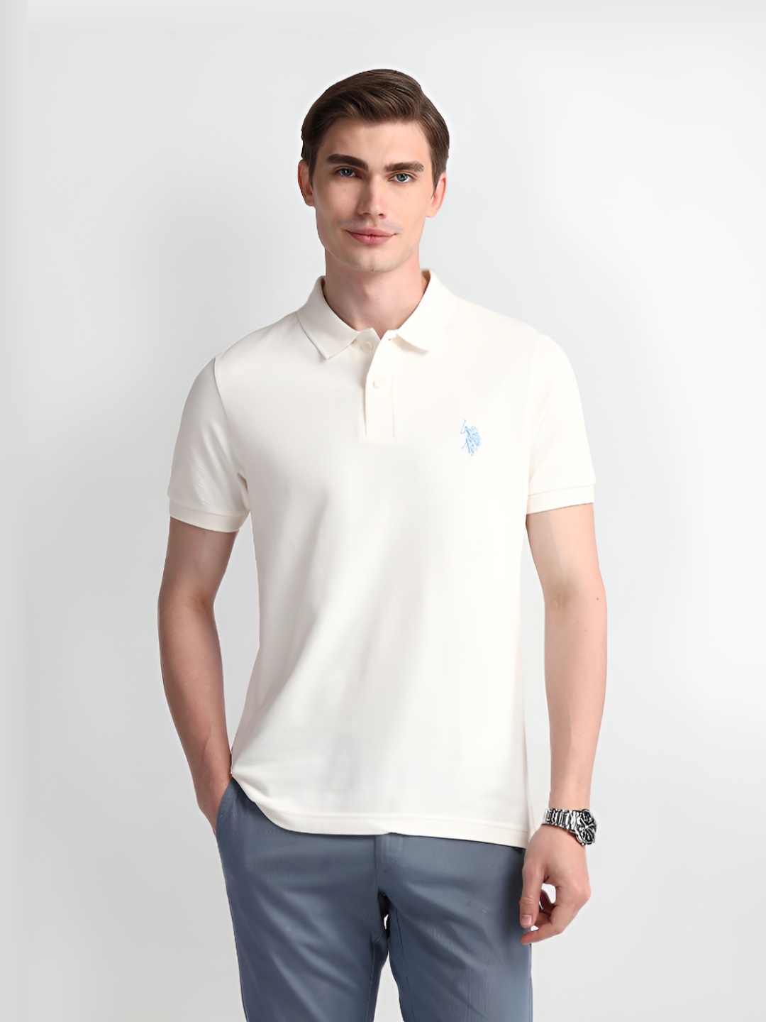 

U.S. Polo Assn. Men Solid Polo Collar Cotton Slim Fit T-Shirt, Off white