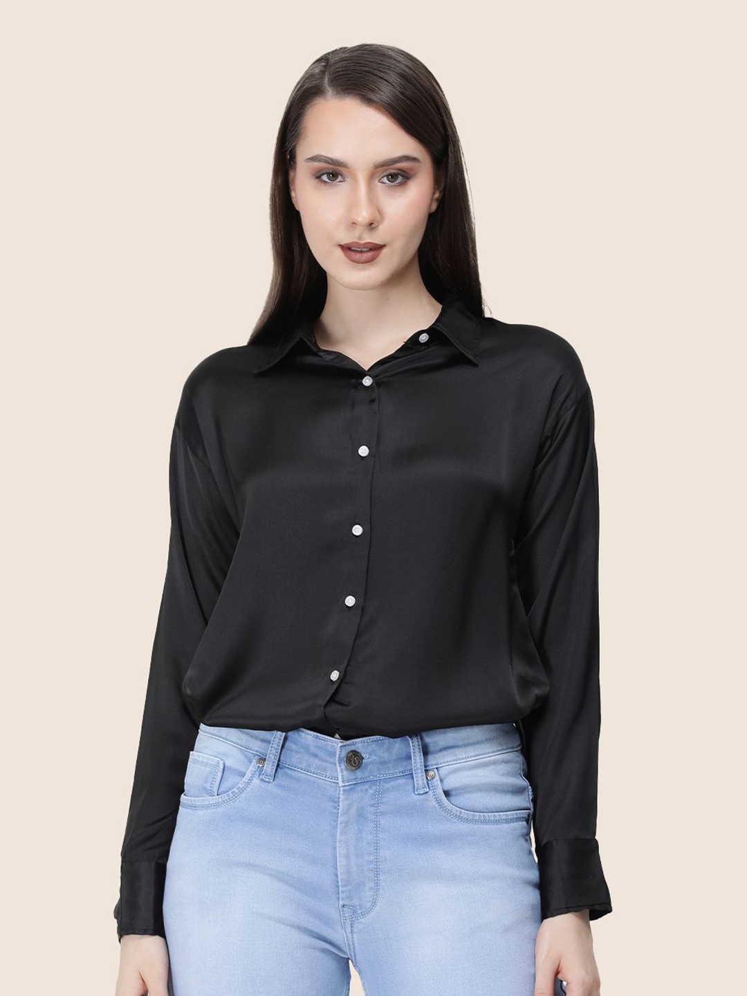 

AMSWAN Women Premium Spread Collar Solid Relaxed Fit Casual Shirt, Black