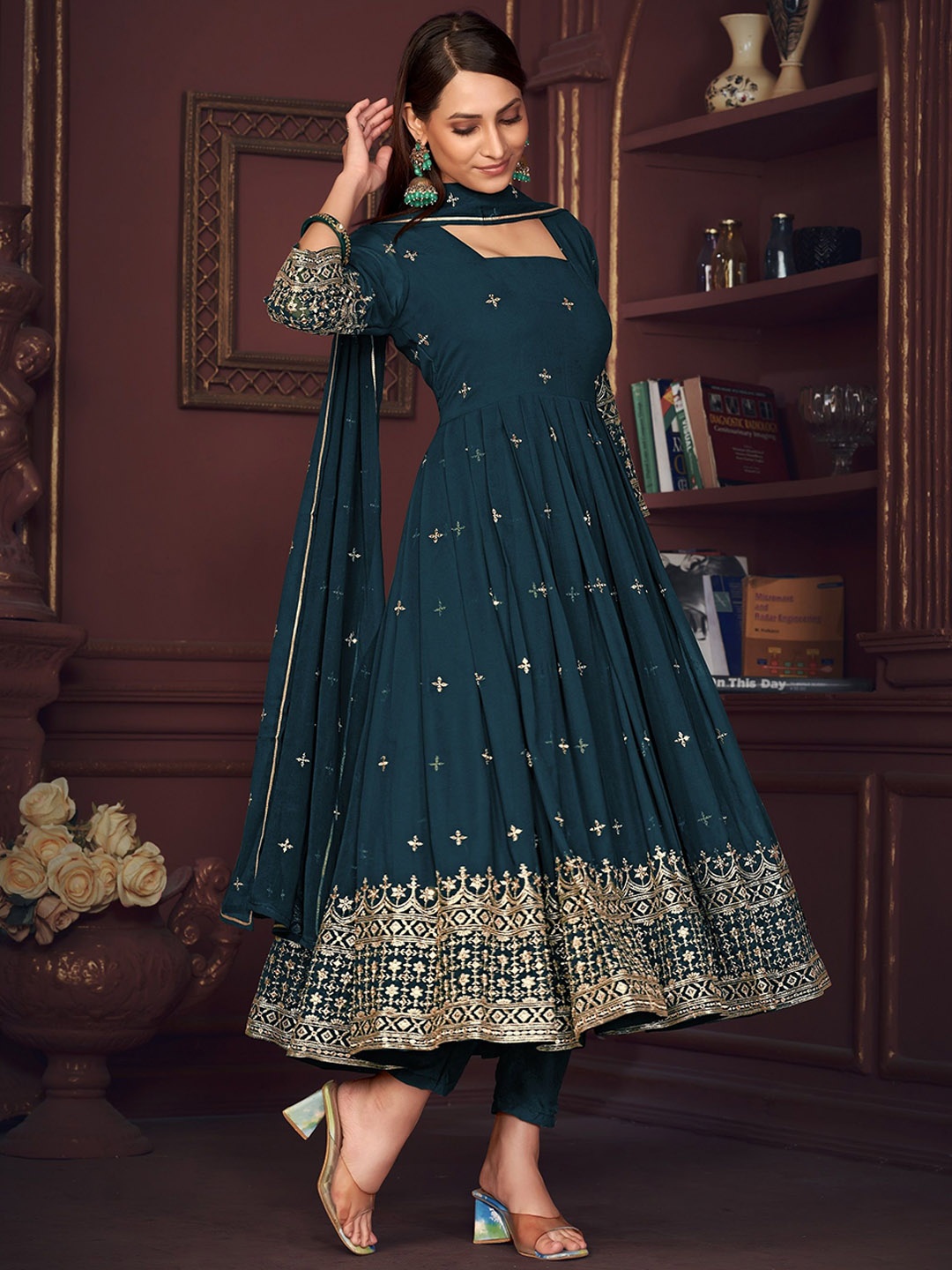 

Warthy Ent Floral Embroidered Semi-Stitched Dress Material, Blue