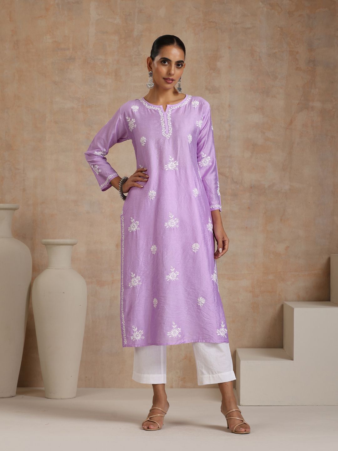 

House of Chikankari Ethnic Motifs Embroidered Chanderi Cotton Straight Kurta, Purple