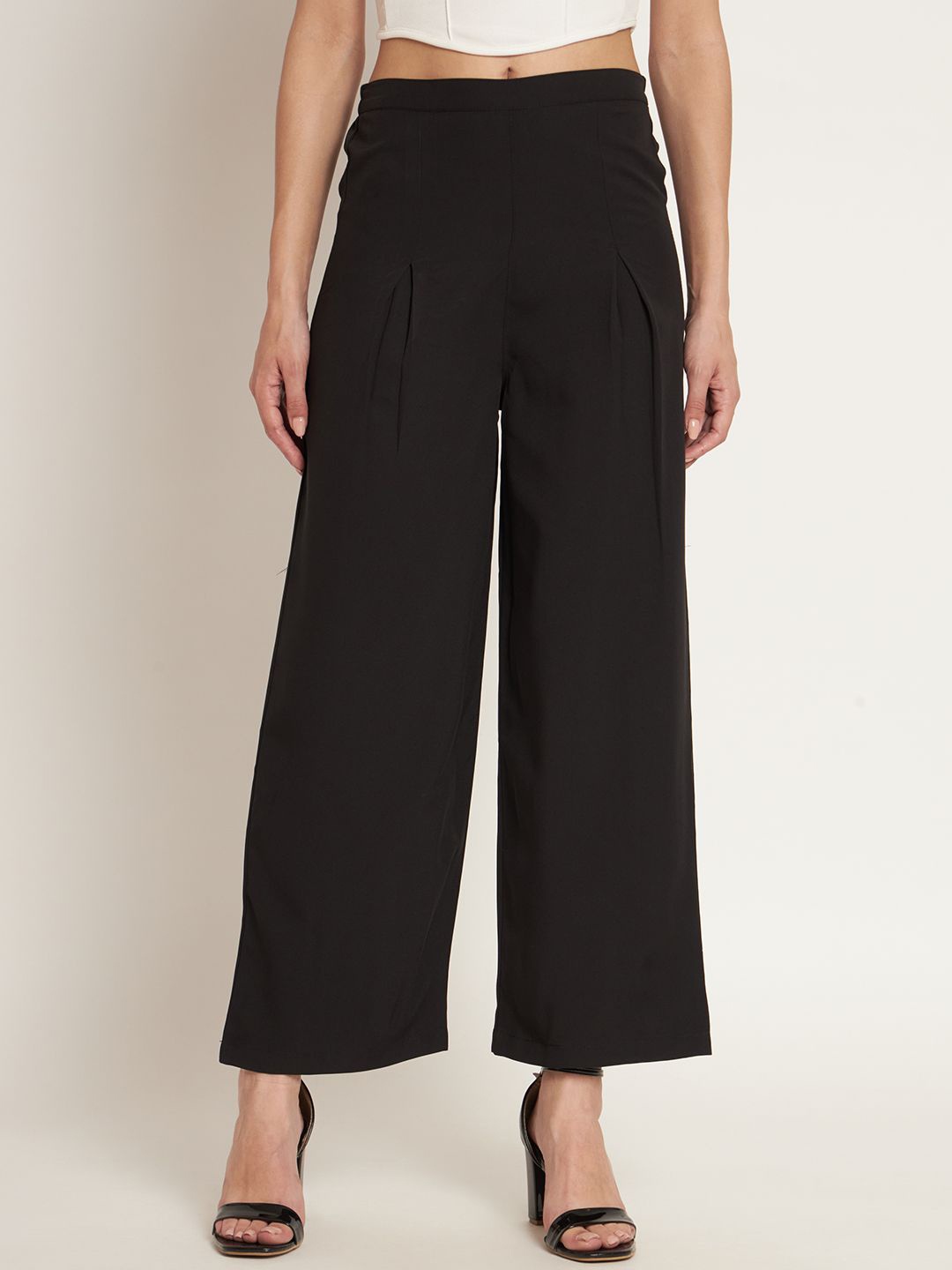 

Curvydrobe Women Front Pleated Crepe Palazzos, Black