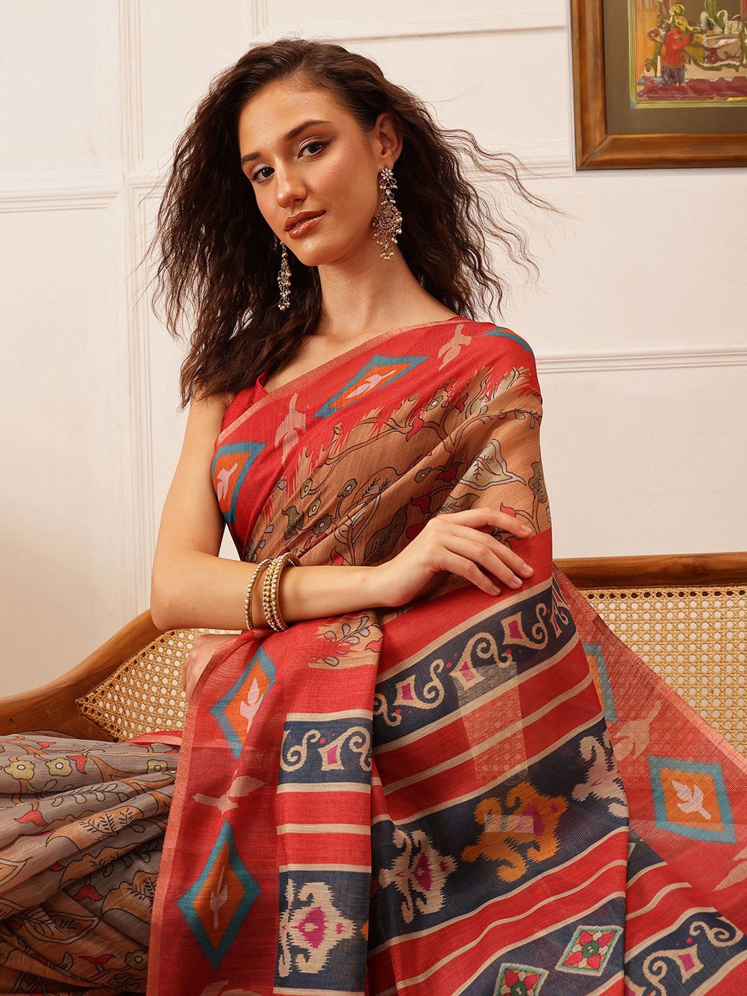 

Silk Land Ethnic Motifs Chnaderi Cotton Digital Print Saree, Red