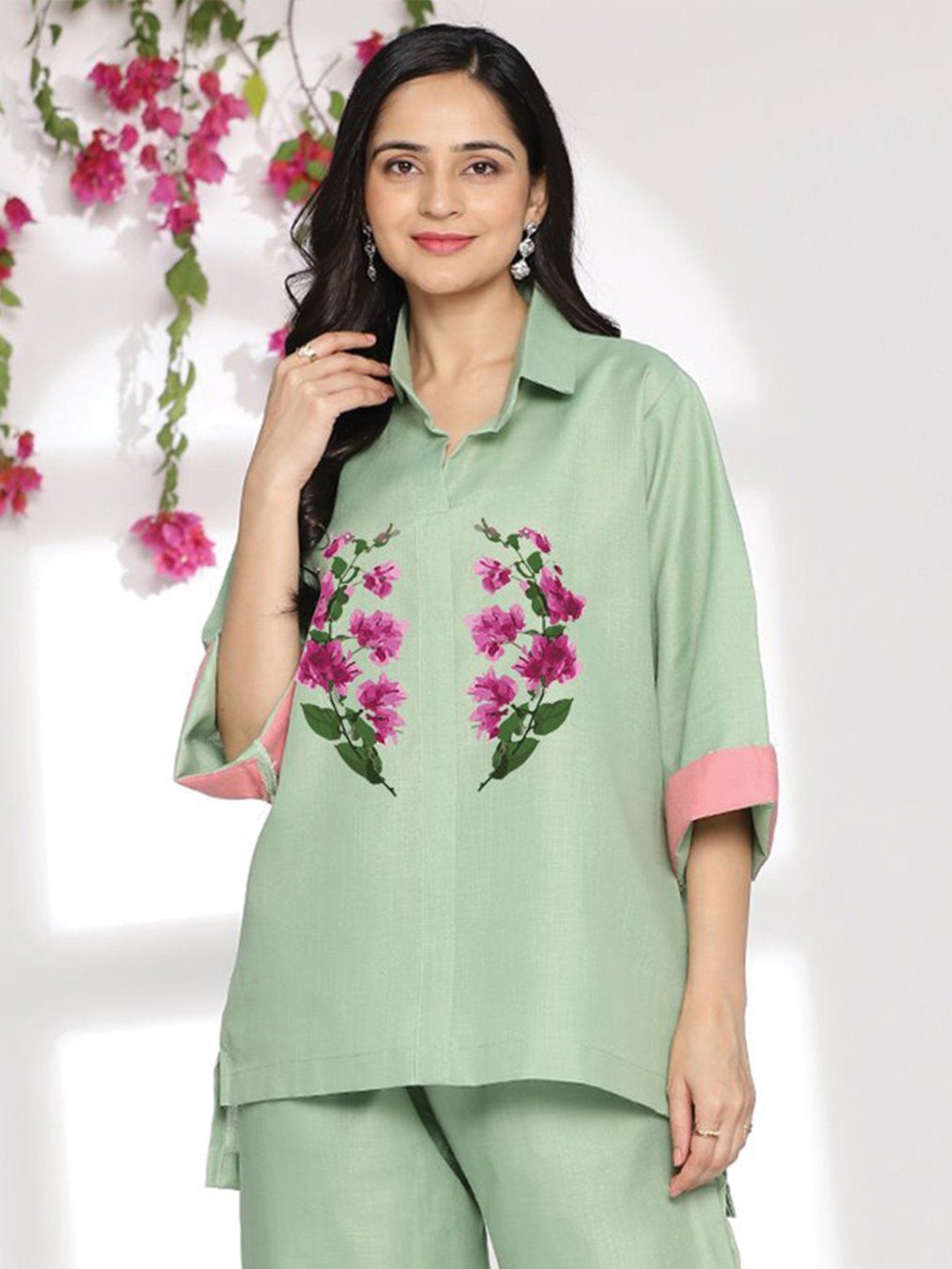 

LetsDressUp Women Floral Printed Shirt Collar Pure Cotton Top, Green