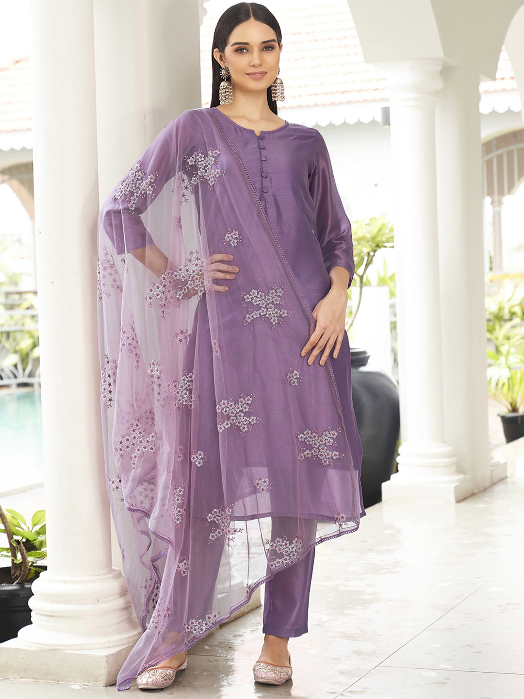 

Tikhi Imli Round Neck Straight Kurta with Trousers & Dupatta, Purple