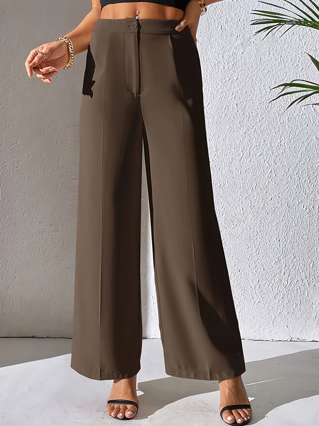 

StyleCast x Revolte Women High-Rise Easy Wash Wide Leg Formal Trousers, Brown